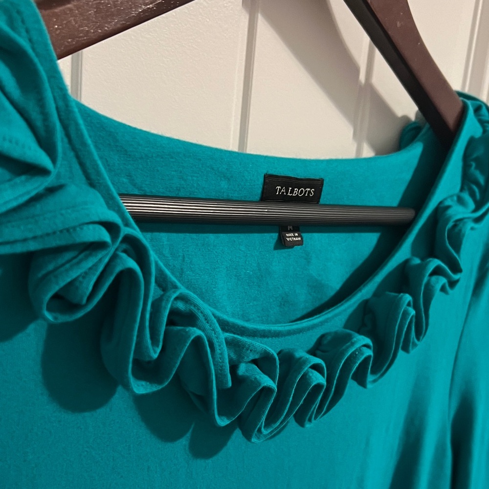 Talbots Womens Size M jade green scoop neck ruffled 3/4 sleeve shift dress - Picture 8 of 8
